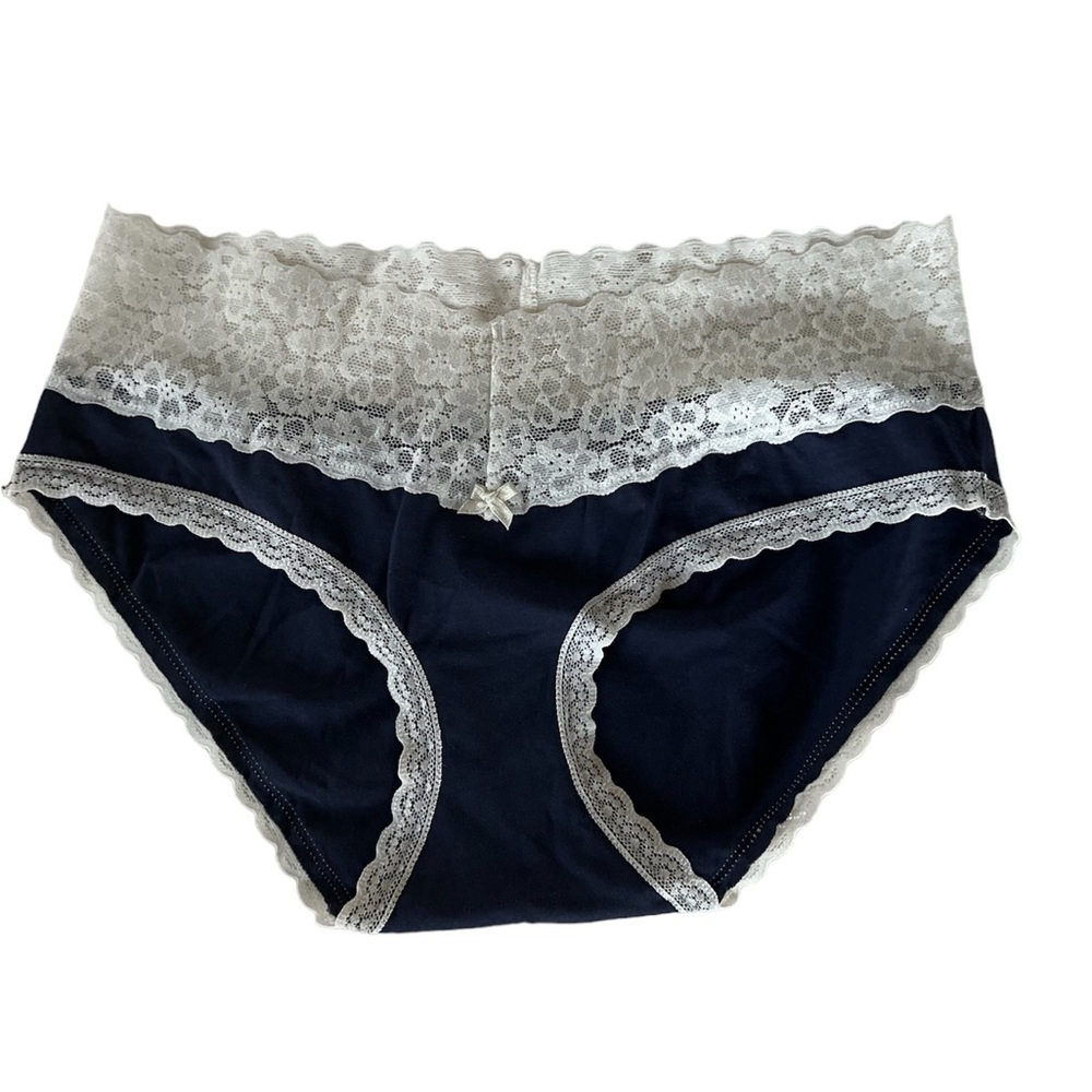 🍑Aerie wide white lace band Navy Blue Cotton panty size small🍑